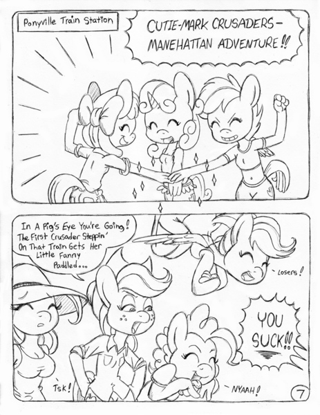 Size: 849x1100 | Tagged: safe, artist:circe, derpibooru import, apple bloom, applejack, fluttershy, pinkie pie, rainbow dash, scootaloo, sweetie belle, anthro, comic:soreloser, black and white, breasts, grayscale, hat, monochrome, spanking, sun hat, tongue out, traditional art