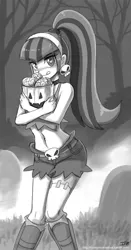 Size: 1000x1911 | Tagged: semi-grimdark, artist:johnjoseco, derpibooru import, sonata dusk, genie, human, undead, zombie, ask gaming princess luna, brain, clothes, costume, female, grayscale, humanized, licking, licking lips, looking at you, monochrome, ponytail, rottytops, shantae, solo, tongue out