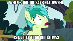 Size: 888x499 | Tagged: safe, derpibooru import, edit, edited screencap, screencap, sandbar, earth pony, pony, school daze, caption, christmas, halloween, holiday, image macro, imgflip, meme, open mouth, shocked, solo, text