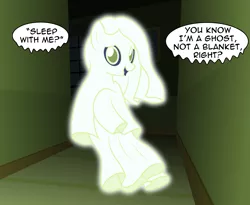 Size: 3005x2459 | Tagged: safe, artist:badumsquish, derpibooru import, oc, oc:merryveil, unofficial characters only, ghost, ghost pony, pony, undead, dark, dialogue, female, floating, glow, hallway, house, monster mare, show accurate, shy, solo, talking to viewer