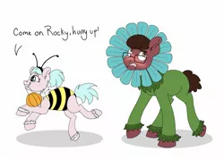 Size: 1849x1321 | Tagged: safe, alternate version, artist:pastel-charms, derpibooru import, oc, oc:rock candy, oc:twinkle star, unofficial characters only, earth pony, pony, animal costume, bee costume, blushing, clothes, costume, female, filly, flower costume, male, nightmare night costume, offspring, parent:cheese sandwich, parent:pinkie pie, parents:cheesepie, stallion