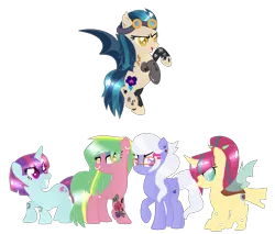 Size: 1471x1255 | Tagged: safe, artist:space--paws0w0, artist:twiily-bases, derpibooru import, indigo zap, lemon zest, sour sweet, sugarcoat, sunny flare, ponified, bat pony, changedling, changeling, earth pony, pegasus, pony, unicorn, base used, bat ponified, bedroom eyes, changeling sour sweet, changelingified, crystal prep shadowbolts, ear piercing, earring, earth pony lemon zest, equestria girls ponified, eyeshadow, female, flying, glasses, goggles, indigobat, jewelry, makeup, mare, nose piercing, nose ring, pegasus sugarcoat, piercing, race swap, raised hoof, shadow five, simple background, species swap, tattoo, transparent background, unicorn sunny flare