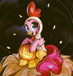 Size: 1202x1245 | Tagged: safe, artist:mirroredsea, derpibooru import, pinkie pie, earth pony, pony, animal costume, chicken pie, chicken suit, clothes, costume, cute, diapinkes, female, halloween, holiday, jack-o-lantern, looking at you, mare, nest, open mouth, pumpkin, solo