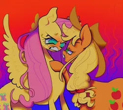 Size: 894x800 | Tagged: safe, artist:echobone, derpibooru import, applejack, fluttershy, earth pony, pegasus, pony, angry, confrontation, duo, eye contact, faceoff, glare, gritted teeth, looking at each other, pointing, spread wings, wings