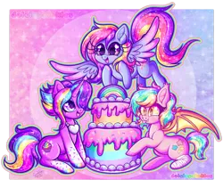 Size: 900x760 | Tagged: safe, artist:dolcisprinkles, derpibooru import, oc, oc:glittering cloud, oc:glittersweet, oc:paper stars, unofficial characters only, bat pony, pony, cake, food, heart eyes, tongue out, wingding eyes