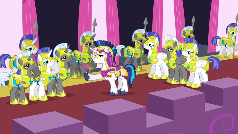 Size: 1440x810 | Tagged: safe, derpibooru import, screencap, shining armor, pegasus, pony, unicorn, a canterlot wedding, armor, helmet, hoof shoes, male, pegasus royal guard, raised hoof, royal guard, royal guard armor, saddle, salute, spear, stallion, tack, unicorn royal guard, weapon