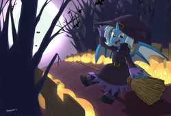 Size: 1280x869 | Tagged: safe, artist:jeglegator, derpibooru import, trixie, alicorn, bat, bat pony, bat pony alicorn, unicorn, alicornified, bat ponified, bat wings, broom, clothes, dress, fangs, female, flying, flying broomstick, grin, halloween, holiday, horn, jack-o-lantern, looking at you, moon, night, pumpkin, race swap, smiling, solo, trixiebat, trixiecorn, wings, witch