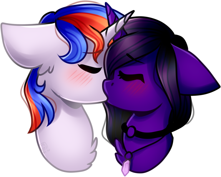 Size: 1688x1348 | Tagged: safe, artist:grapegrass, derpibooru import, oc, oc:free quill, oc:nova aurora, unofficial characters only, pony, unicorn, blushing, collar, couple, crossed horns, eyes closed, female, jewelry, kissing, male, mare, necklace, qurora, stallion