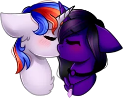 Size: 1688x1348 | Tagged: safe, artist:grapegrass, derpibooru import, oc, oc:free quill, oc:nova aurora, unofficial characters only, pony, unicorn, blushing, collar, couple, crossed horns, eyes closed, female, jewelry, kissing, male, mare, necklace, qurora, stallion