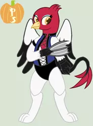 Size: 920x1250 | Tagged: safe, artist:peregrinstaraptor, derpibooru import, oc, oc:genette, gryphon, bipedal, clothes, costume, female, kitana, mortal kombat, nightmare night costume, simple background, solo