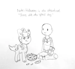 Size: 1280x1174 | Tagged: safe, artist:tjpones, derpibooru import, oc, oc:brownie bun, oc:richard, unofficial characters only, dinosaur, earth pony, human, pony, horse wife, candy, clothes, costume, duo, ear fluff, female, food, grayscale, halloween, halloween costume, holiday, human male, infinity gauntlet, lineart, male, mare, monochrome, simple background, sitting, thanos, traditional art