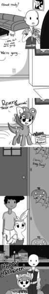 Size: 1280x7680 | Tagged: safe, artist:tjpones, derpibooru import, oc, oc:bandy cyoot, oc:brownie bun, oc:gerdie, oc:horsey husband, oc:human wifey, oc:mini-bun, oc:richard, unofficial characters only, dinosaur, earth pony, gryphon, human, hybrid, pony, raccoon, raccoon pony, horse wife, clothes, comic, costume, dialogue, ear fluff, ear piercing, earring, female, grayscale, griffon oc, halloween, halloween costume, holiday, human female, human male, infinity gauntlet, jack-o-lantern, jewelry, male, mare, monochrome, necktie, onomatopoeia, piercing, pumpkin, spooky, stallion, thanos, trick or treat