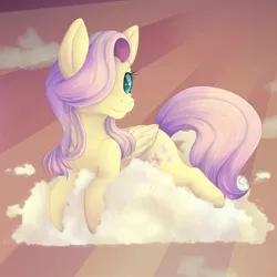 Size: 1100x1100 | Tagged: safe, artist:bluumbrelu, derpibooru import, fluttershy, pegasus, pony, cloud, crepuscular rays, cute, eyelashes, female, folded wings, hair over one eye, head turn, looking at you, mare, on a cloud, prone, shyabetes, sky, solo, three quarter view, wings