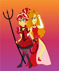 Size: 2200x2640 | Tagged: safe, artist:miraculouslover21, derpibooru import, adagio dazzle, sunset shimmer, equestria girls, clothes, costume, devil costume, devil horns, dress, female, halloween, halloween costume, holding hands, holiday, lesbian, pitchfork, shipping, sunsagio, trident