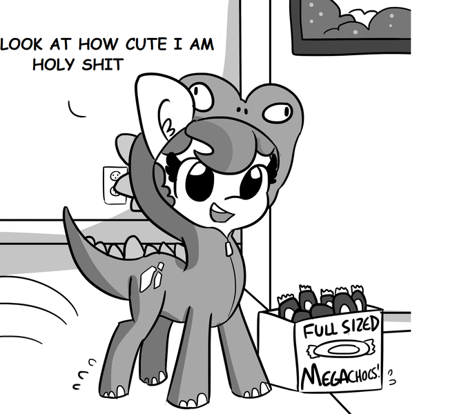 Size: 1409x1277 | Tagged: safe, artist:tjpones, derpibooru import, edit, oc, oc:brownie bun, earth pony, pony, candy, clothes, comic sans, costume, cute, female, food, mare, solo, vulgar