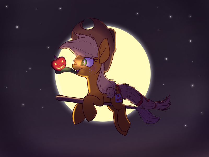 Size: 3200x2400 | Tagged: safe, artist:heir-of-rick, derpibooru import, applejack, monster pony, original species, pony, tatzlpony, broom, carved apple, clothes, costume, cowboy hat, female, flying, flying broomstick, full moon, halloween, hat, holiday, jack-o-lantern, mare, monster mare, moon, prehensile tongue, pumpkin, solo, species swap, stetson, tatzlfied, tatzljack, tongue hold