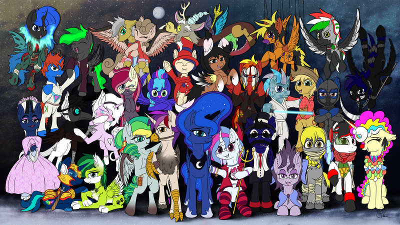 Size: 1600x900 | Tagged: safe, artist:calena, derpibooru import, discord, princess luna, oc, oc:applegeek, oc:aqua jewel, oc:aura skye, oc:blue visions, oc:creega message, oc:evergreen feathersong, oc:jesus, oc:may blossom, oc:quick silver, oc:shabaco, oc:shadowblack, oc:silicon chip (kaperon), oc:silph, oc:tiorafa, oc:trinity deblanc, oc:velvet passion, alicorn, bat pony, changeling, cyborg, earth pony, gryphon, pegasus, pony, unicorn, vampire, werewolf, abstract background, blue changeling, changeling oc, clothes, clown, clown nose, costume, crossdressing, everskye, gift art, grim reaper, halloween, holiday, moon, mummy, nightmare night, noob saibot, wallpaper, witch doctor, zardonic