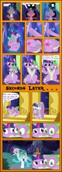 Size: 4338x12000 | Tagged: safe, artist:mlpconjoinment, derpibooru import, princess ember, rarity, spike, twilight sparkle, twilight sparkle (alicorn), alicorn, dragon, pony, unicorn, absurd resolution, blushing, broom, cheek squish, circling stars, comic, conjoined, derp, dizzy, dragging, eyes closed, fangs, floppy ears, fusion, fusion:embrarity, grin, gritted teeth, implied emberspike, implied shipping, implied sparember, implied sparity, implied straight, magic, multiple heads, nightmare night, silhouette, smiling, squishy cheeks, sweeping, the worst possible thing, transformation, tumbling, twilight's castle, two heads, we have become one, what has magic done