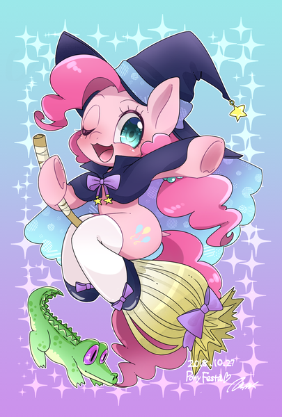 Size: 865x1280 | Tagged: safe, artist:bbtasu, derpibooru import, gummy, pinkie pie, earth pony, pony, broom, cute, diapinkes, female, flying, flying broomstick, mare, nightmare night, one eye closed, wink, witch