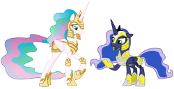 Size: 4004x2063 | Tagged: safe, artist:sketchmcreations, derpibooru import, idw, princess celestia, princess luna, pony, armor, duo, ethereal mane, fantasy class, female, helmet, mare, open mouth, raised hoof, royal sisters, siblings, simple background, sisters, starry mane, transparent background, vector, warrior, warrior celestia, warrior luna