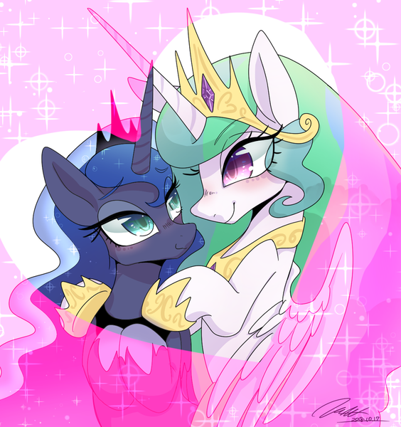 Size: 1170x1245 | Tagged: safe, artist:bbtasu, derpibooru import, princess celestia, princess luna, alicorn, pony, blushing, crown, duo, female, heart, hug, jewelry, looking at each other, mare, regalia, royal sisters, siblings, sisterly love, sisters, sparkles