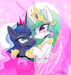 Size: 1170x1245 | Tagged: safe, artist:bbtasu, derpibooru import, princess celestia, princess luna, alicorn, pony, blushing, crown, duo, female, heart, hug, jewelry, looking at each other, mare, regalia, royal sisters, siblings, sisterly love, sisters, sparkles