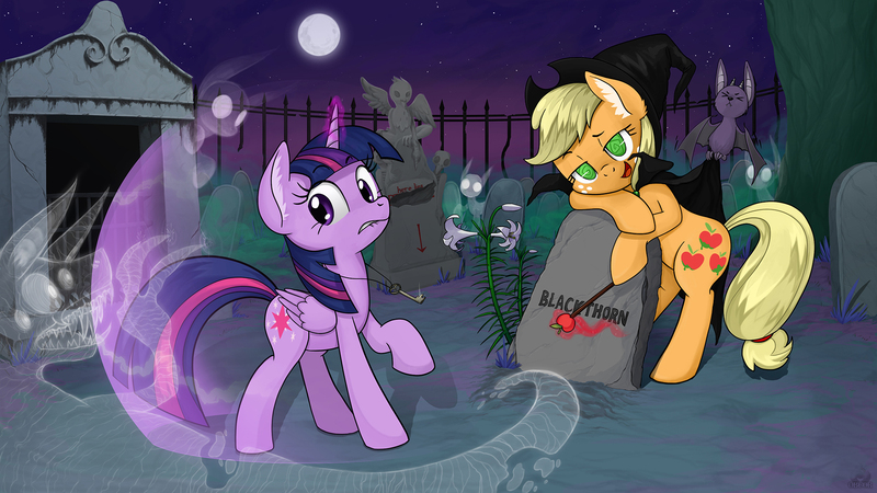 Size: 1920x1080 | Tagged: safe, artist:obcor, derpibooru import, applejack, twilight sparkle, twilight sparkle (alicorn), alicorn, bat, earth pony, ghost, pony, undead, cloak, clothes, female, flower, full moon, graveyard, halloween, halloween 2018, hat, holiday, lily (flower), magic wand, mare, moon, night, swirly eyes, witch hat