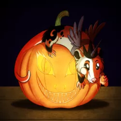 Size: 900x897 | Tagged: artist:inuhoshi-to-darkpen, derpibooru import, eating, female, halloween, holiday, implied nightmare moon, implied princess luna, jack-o-lantern, nightmare night, opossum, pet, pumpkin, safe, solo, tiberius