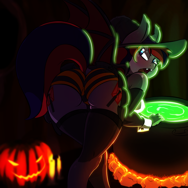 Size: 1000x1000 | Tagged: suggestive, artist:kennzeichen, derpibooru import, oc, unofficial characters only, anthro, bat pony, bat pony oc, bat wings, breasts, cauldron, clothes, commission, jackolantern, panties, underwear, wings, witch, ych result