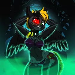 Size: 1000x1000 | Tagged: anthro, arm behind head, armpits, artist:kennzeichen, bodypaint, bone, breasts, changeling, clothes, commission, costume, derpibooru import, glow, glowing eye, heterochromia, hips, oc, oc:shade demonshy, pegasus, scar, skeleton, skeleton costume, suggestive, unofficial characters only, ych result