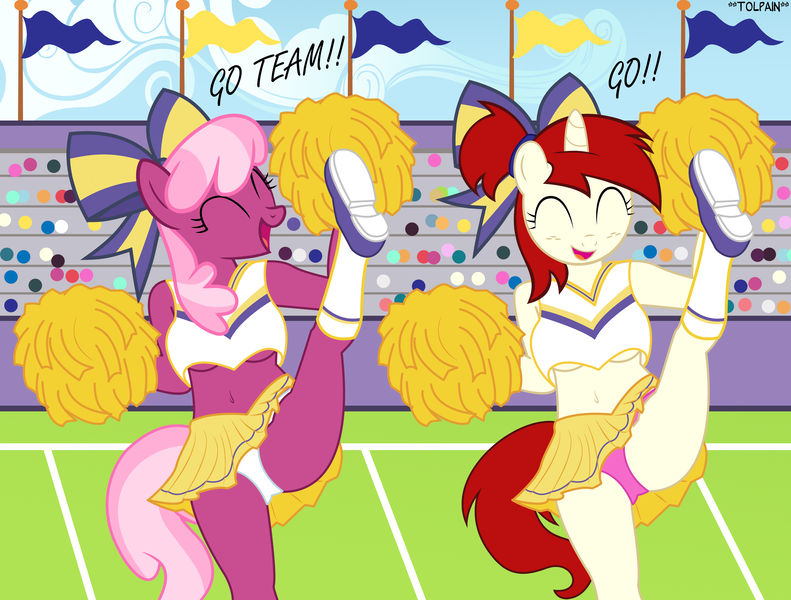 Size: 4574x3470 | Tagged: suggestive, artist:tolpain, derpibooru import, cheerilee, oc, oc:silver draw, anthro, earth pony, unicorn, belly button, breasts, cheeribetes, cheerileeder, cheerleader, clothes, cute, duo focus, eyes closed, female, freckles, leg in air, legs, mare, midriff, miniskirt, moe, open mouth, panties, panty shot, pink underwear, pleated skirt, skirt, skirt lift, smiling, stadium, thighs, underboob, underwear, upskirt, white underwear