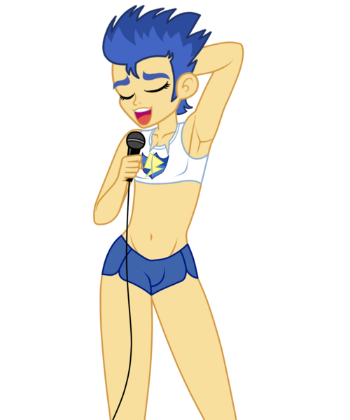 Size: 1500x1800 | Tagged: suggestive, artist:mashoart, derpibooru import, flash sentry, equestria girls, armpits, belly button, clothes, crossdressing, crotch bulge, daisy dukes, fake eyelashes, falsies, femboy, girly sentry, karaoke, male, microphone, midriff, shorts, simple background, singing, solo, transparent background, trap sentry