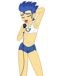 Size: 1500x1800 | Tagged: suggestive, artist:mashoart, derpibooru import, flash sentry, equestria girls, armpits, belly button, clothes, crossdressing, crotch bulge, daisy dukes, fake eyelashes, falsies, femboy, girly sentry, karaoke, male, microphone, midriff, shorts, simple background, singing, solo, transparent background, trap sentry