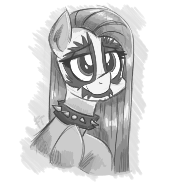 Size: 1280x1335 | Tagged: safe, artist:flutterthrash, derpibooru import, pinkie pie, pony, collar, corpse paint, face paint, female, monochrome, pinkamena diane pie, sketch, solo, spiked collar