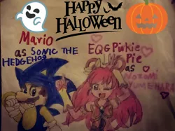 Size: 1080x806 | Tagged: safe, derpibooru import, pinkie pie, equestria girls, clothes, cosplay, costume, crossover, crossover shipping, female, halloween, holiday, male, mario, mariopie, nozomi yumehara, shipping, sonic the hedgehog, sonic the hedgehog (series), straight, super mario bros., traditional art, yes precure 5 gogo