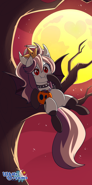 Size: 2000x4000 | Tagged: safe, artist:xwhitedreamsx, derpibooru import, oc, oc:sweet velvet, unofficial characters only, bat pony, against tree, bat pony oc, bat wings, bowsette, female, full moon, halloween, holiday, moon, night, nintendo, red eyes, solo, stars, super mario bros., wings