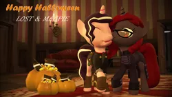 Size: 1920x1080 | Tagged: safe, artist:razethebeast, derpibooru import, oc, oc:curse word, oc:magpie, unofficial characters only, pony, unicorn, 3d, candy, clothes, eyes closed, female, food, glasses, halloween, happy halloween, holiday, image, lesbian, open mouth, png, pumpkin, source filmmaker