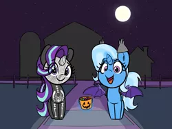 Size: 1767x1325 | Tagged: safe, artist:lyrabop, derpibooru import, starlight glimmer, trixie, pony, unicorn, bat pony costume, clothes, costume, duo, female, full moon, glowing horn, halloween, halloween costume, holiday, horn, magic, mare, moon, night, nightmare night, nightmare night costume, pumpkin bucket, skeleton costume, spread wings, stars, telekinesis, trick or treat, wings