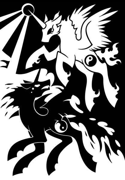 Size: 1000x1440 | Tagged: artist:sunnyclockwork, black and white, darkness, derpibooru import, grayscale, he who made dark, he who made light, light, light and dark, monochrome, safe, scp, scp foundation, yin yang