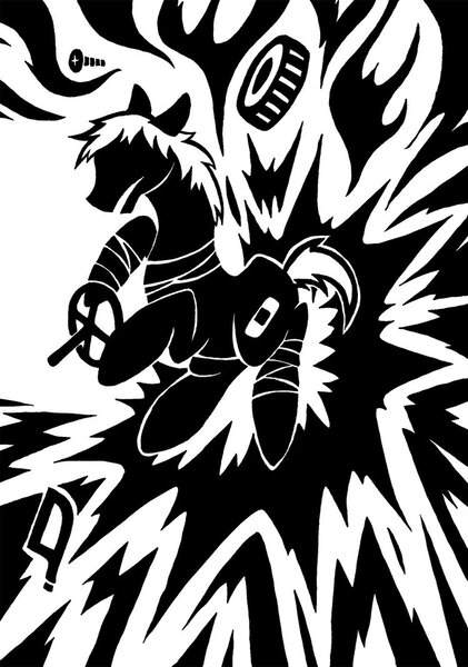 Size: 748x1067 | Tagged: abstract background, accident, artist:sunnyclockwork, black and white, car accident, car crash, derpibooru import, dr. gerald, explosion, grayscale, monochrome, safe, scp, scp-666-j, scp foundation, solo