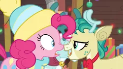 Size: 1920x1080 | Tagged: safe, derpibooru import, screencap, alice the reindeer, aurora the reindeer, pinkie pie, deer, earth pony, pony, reindeer, best gift ever, boop, female, grove of the gift givers, looking at each other, mare, nose to nose, nose wrinkle, noseboop