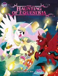 Size: 739x960 | Tagged: safe, artist:amy mebberson, derpibooru import, firebrand, princess celestia, princess luna, strong oak, thrilly filly, alicorn, pony, tails of equestria, the haunting of equestria, cover, princess argent, princess solar, queen of fear