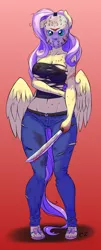 Size: 300x745 | Tagged: semi-grimdark, artist:pia-sama, derpibooru import, fluttershy, anthro, bat pony, pegasus, plantigrade anthro, big breasts, blood, breasts, busty fluttershy, clothes, feet, female, flutterbat, friday the 13th, gradient background, jason voorhees, jeans, machete, mask, pants, race swap, sandals, solo, tanktop, toes, wide hips