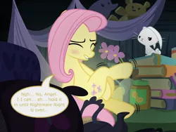Size: 8000x6000 | Tagged: safe, artist:ithinkitsdivine, derpibooru import, angel bunny, fluttershy, pegasus, pony, scare master, absurd resolution, animal, bed, blushing, book, covering crotch, crossed legs, desperation, dialogue, duo, female, fetish, food, halloween, hiding, holiday, lip bite, male, need to pee, night, nightmare night, omorashi, peanut butter, potty dance, potty emergency, potty time, show accurate, sitting, squirming, sweat, teddy bear