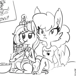 Size: 1650x1650 | Tagged: safe, artist:dsp2003, artist:tjpones, derpibooru import, edit, changeling queen oc, oc, oc:chips, unofficial characters only, changeling, changeling queen, werewolf, awoo, chips, crossover, drink, drinking straw, female, food, mare, monochrome, remote control, scooby doo and the ghoul school, simple background, sketch, white background, winnie the werewolf