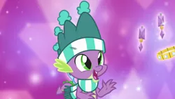 Size: 1280x720 | Tagged: best gift ever, clothes, cute, derpibooru import, dragon, ear piercing, earring, hat, jewelry, necklace, open mouth, piercing, safe, scarf, screencap, solo, spike, winged spike