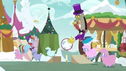 Size: 1280x720 | Tagged: safe, derpibooru import, screencap, discord, rainbow dash, draconequus, pegasus, pony, sheep, best gift ever, bowtie, candle, clothes, cute, female, hat, hoop, jumping, male, mare, scarf, snow, tiny ewes, top hat, winter