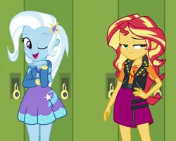 Size: 1099x878 | Tagged: safe, derpibooru import, screencap, sunset shimmer, trixie, equestria girls, equestria girls series, forgotten friendship, canterlot high, clothes, cropped, cute, diatrixes, geode of empathy, leather vest, lockers, looking at you, magical geodes, one eye closed, raised eyebrow, skirt, smiling, smirk, wink