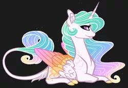 Size: 1200x823 | Tagged: safe, artist:australian-senior, derpibooru import, princess celestia, alicorn, pony, colored wings, ethereal mane, female, leonine tail, mare, multicolored wings, prone, solo, wings