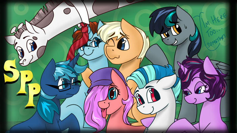 Size: 1024x576 | Tagged: safe, artist:cadetredshirt, derpibooru import, oc, oc:acracebest, oc:blackgryph0n, oc:cosmic melody, oc:hirosashii, oc:panamamatt, oc:saberspark, oc:toodles, unofficial characters only, giraffe, pegasus, pony, unicorn, :p, bedroom eyes, earth, glasses, group photo, hat, necktie, semi-perfect podcast, silly, simple background, smiling, text, thumbnail, tongue out